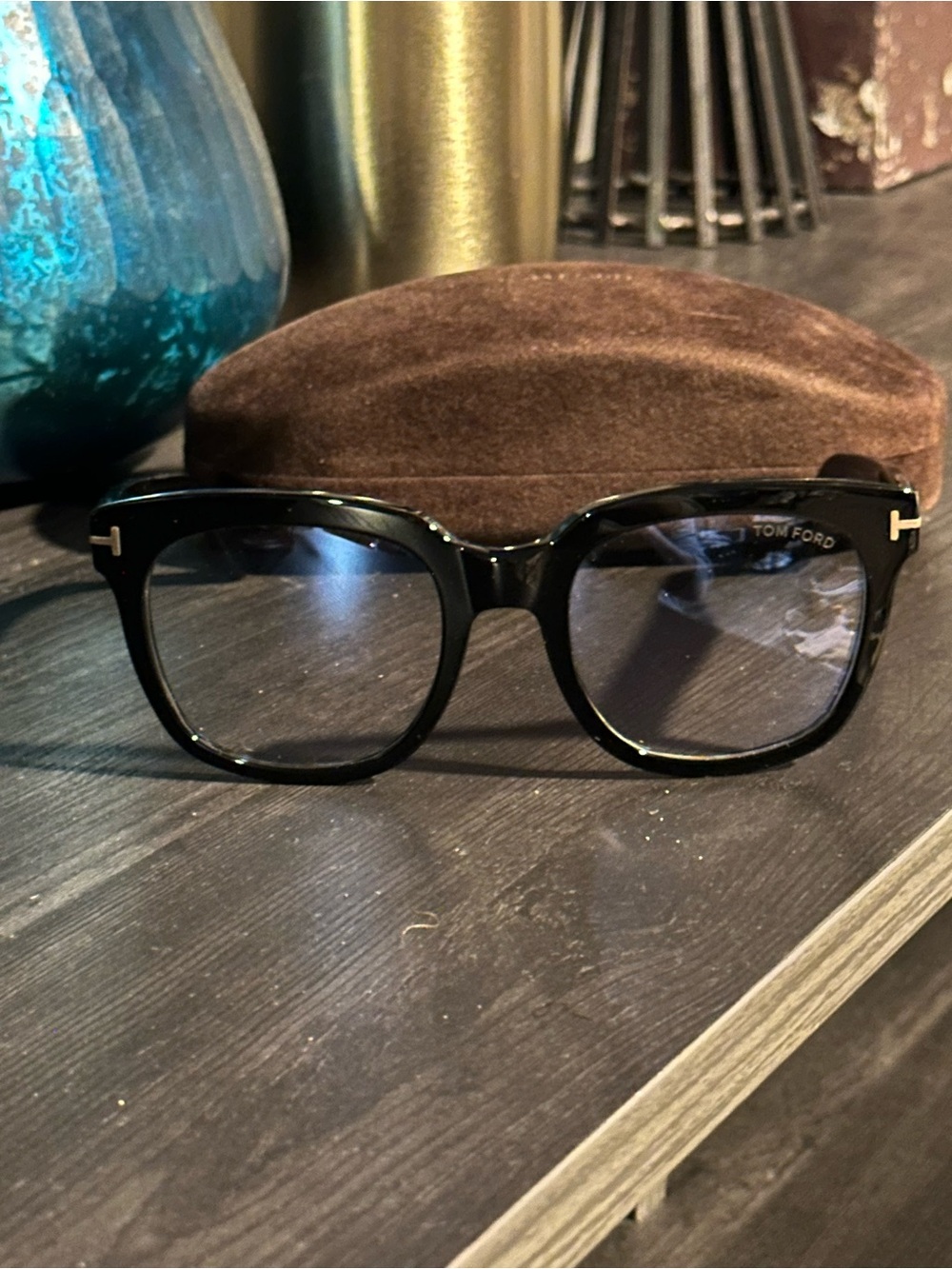 Tom Ford Black Acetate Square Optical Glasses with Gold 'T' Temples